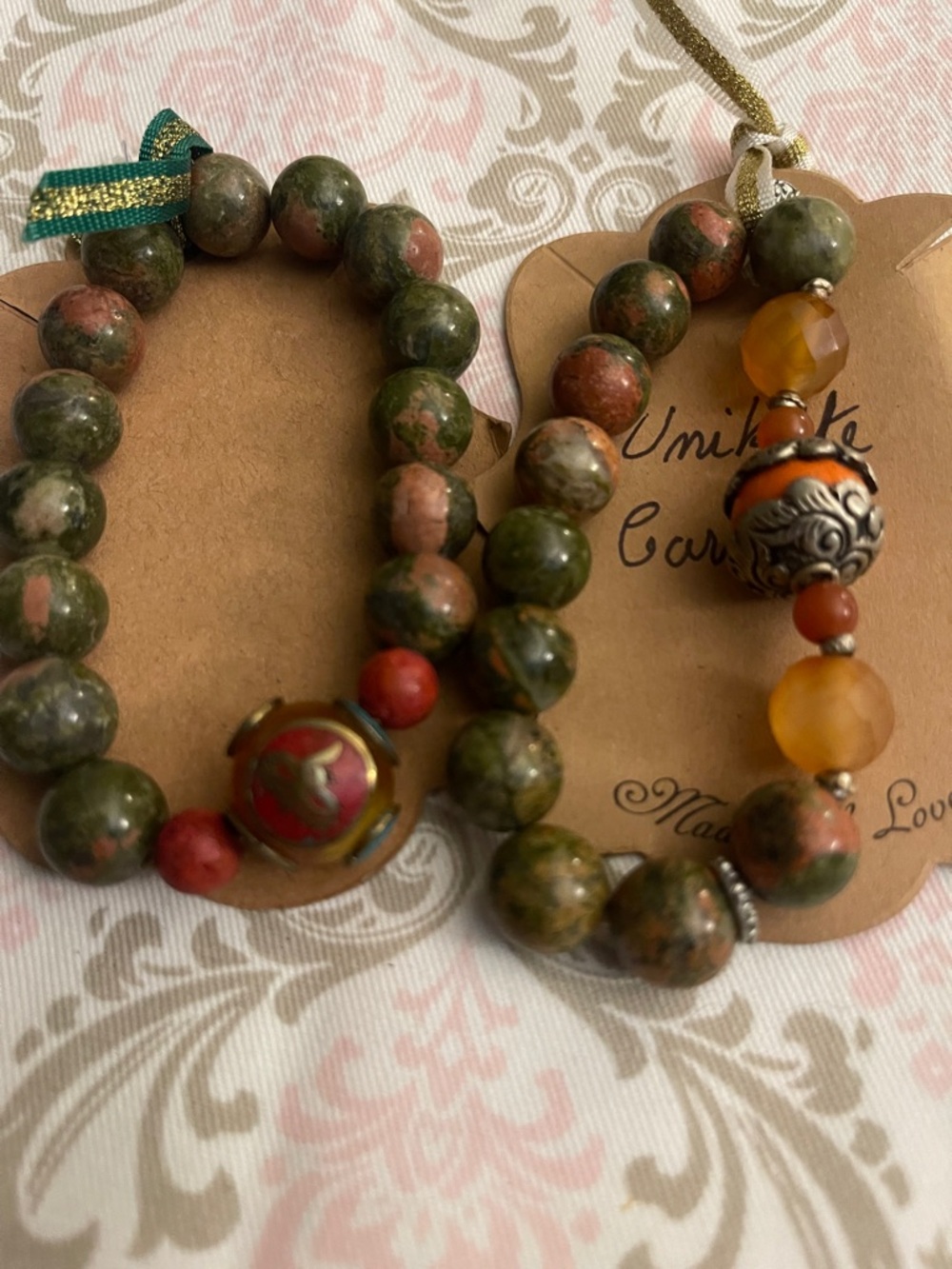 Beaded Unikite Green and Pink Bracelet Set